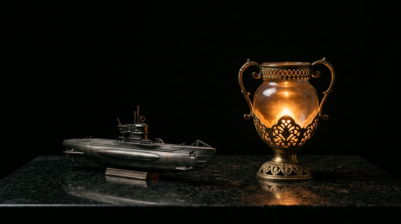 A submarine resting on a shore beside a small glowing vessel — the two vessels of the story, side by side.
